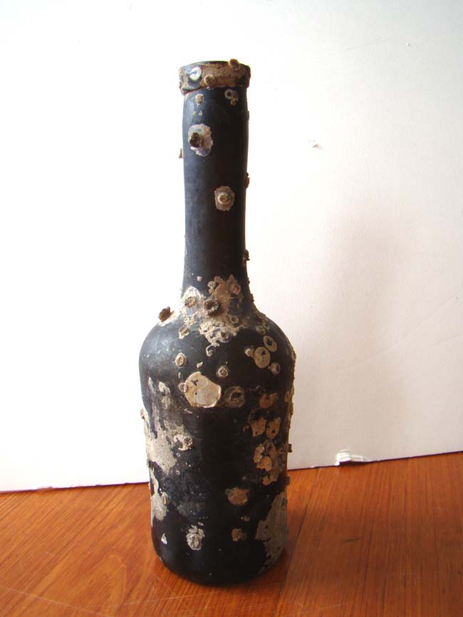 A wonderful barnacle encrusted shipwreck salvaged 18th century Dutch black glass wine or spirits bottle